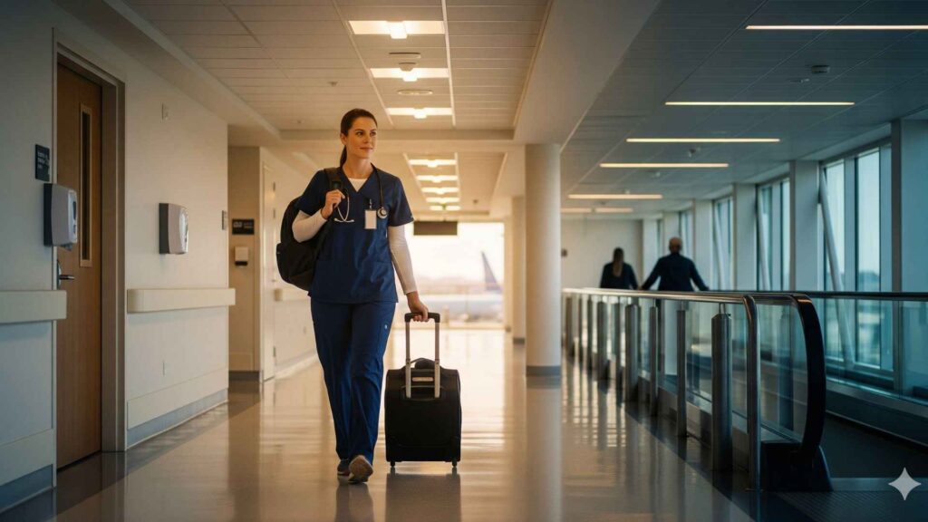 Travel Nurse with bagpack and trolley