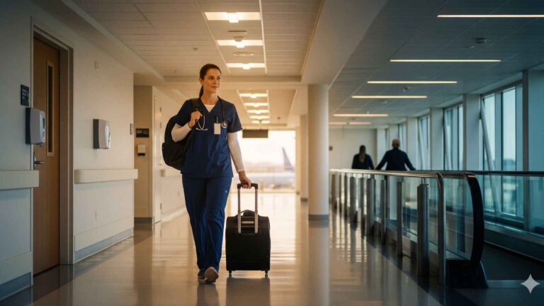Travel Nurse with bagpack and trolley